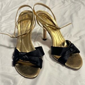 Kate Spade New York Black Satin Knot Detail Gold Elegant Classy Heels 5.5 Italy